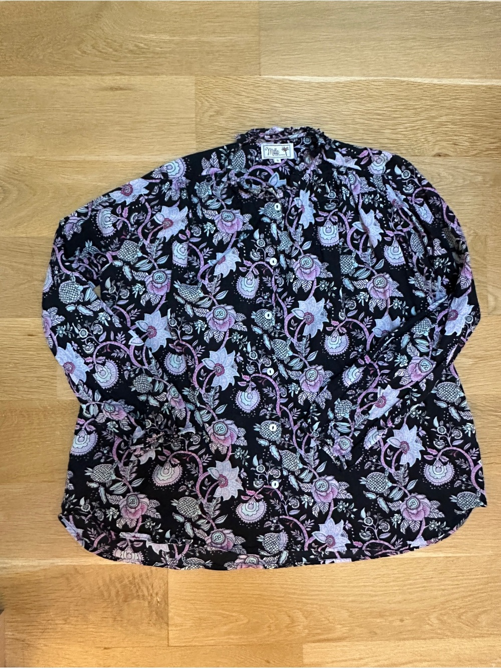 MILLE Floral Print Button-Up Blouse in Black and Lavender.
